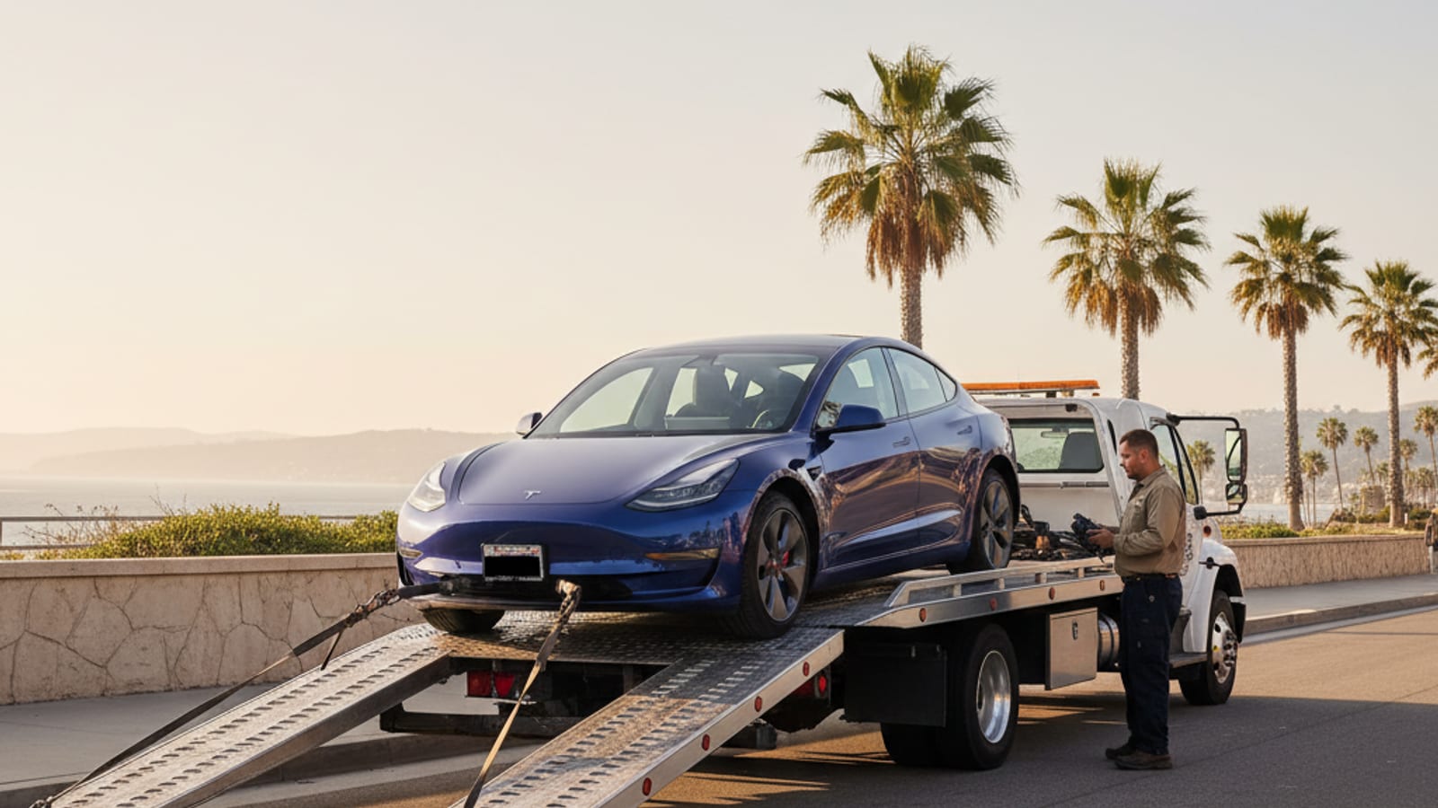 Stalled electric car on a freeway shoulder with a flatbed truck parked behind it