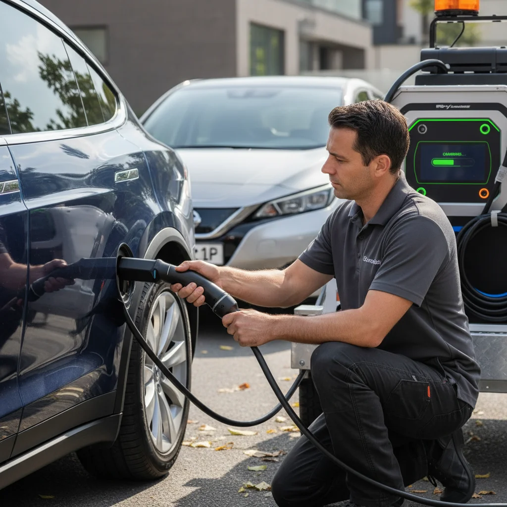 Roadside worker with jumper cables beside a parked car and an open hood