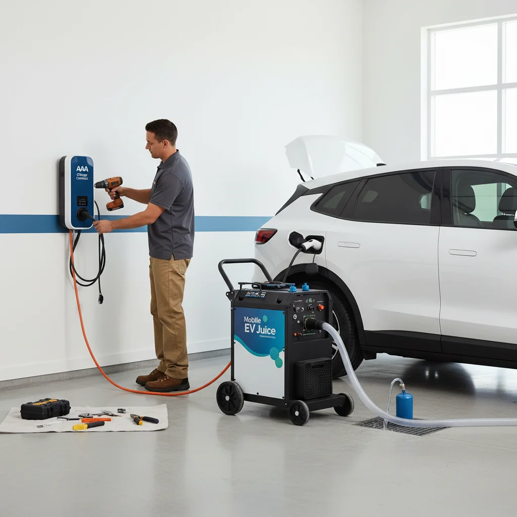Split scene of a flatbed loading an EV and a mobile charging van plugged into another EV at the curb