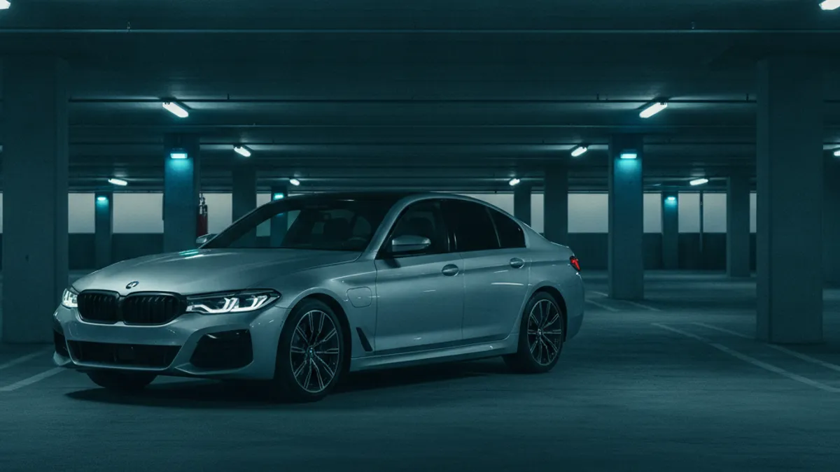 A dark BMW sedan on the roadside with an unlit dashboard after a 12-volt no-start.