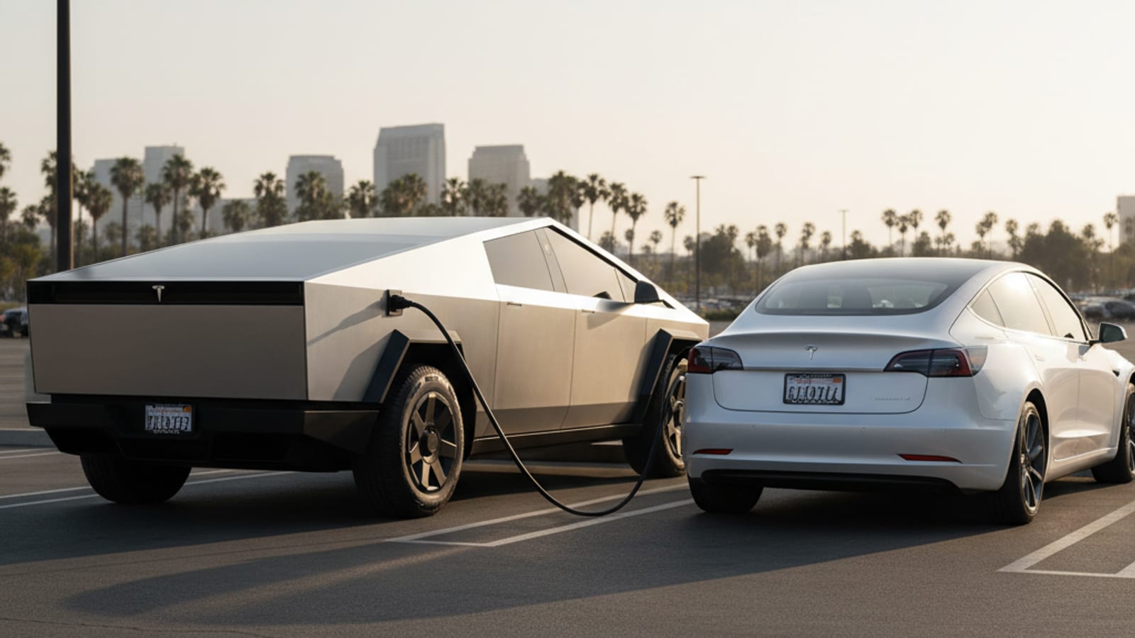 Two electric cars on a roadside shoulder with a charging cable stretched between them