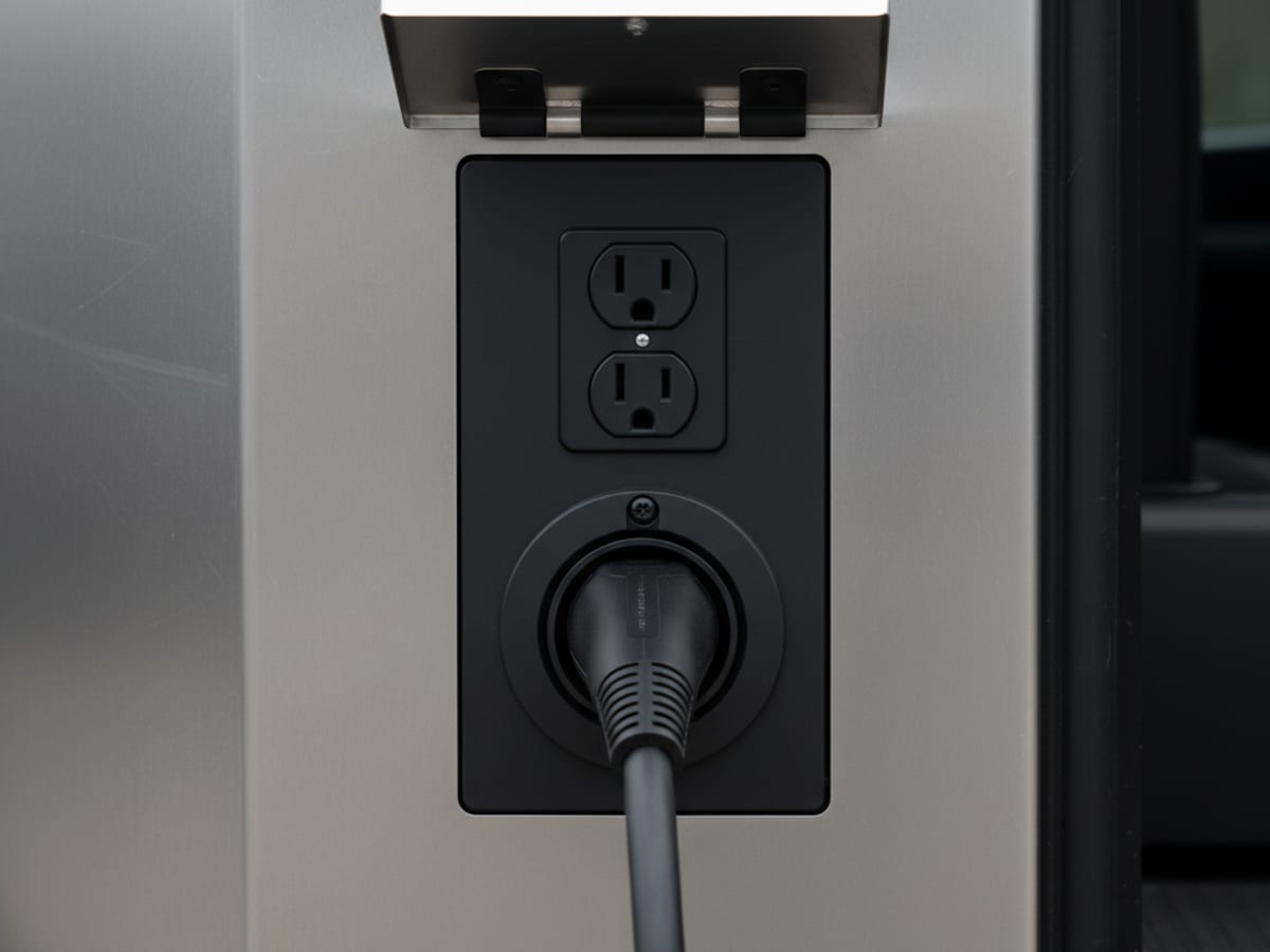 Close-up of a 240-volt outlet on a pickup bed wall with a charging cable plugged in