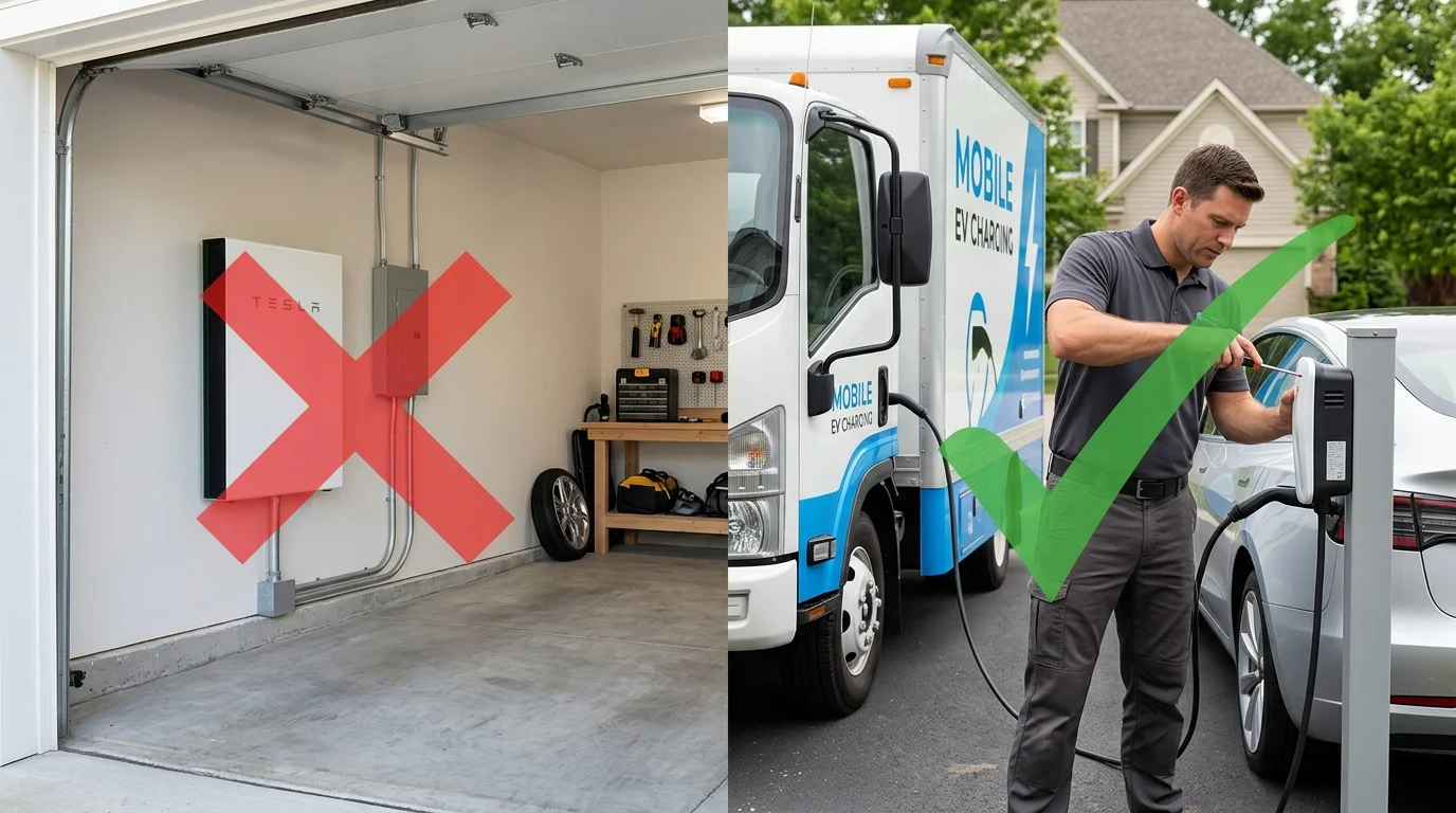 Split scene: a wall-mounted home battery marked with a red X, and a mobile charging truck plugged into an EV with a green check.