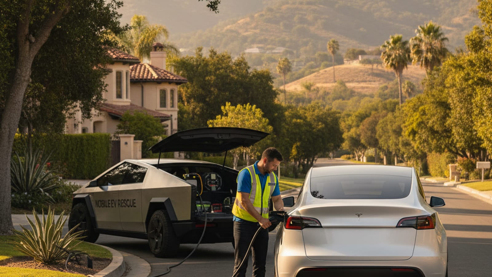 Stranded electric car on a paved shoulder beside a pickup outfitted for charging