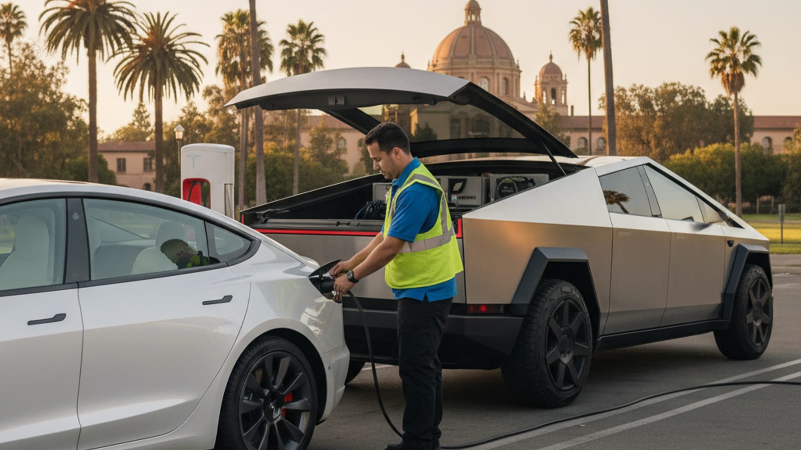 Electric car on asphalt beside a mobile charging truck at dusk, cable at the port