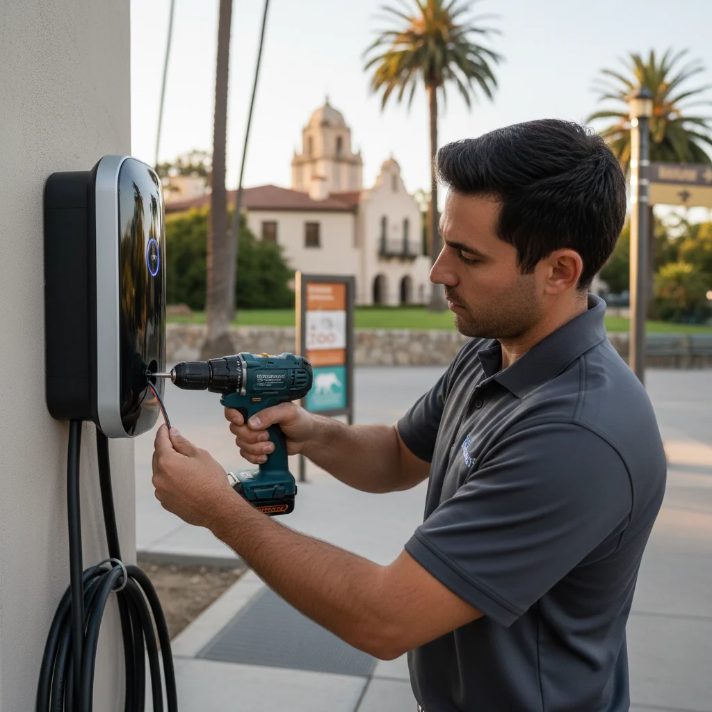 Charging cable plugged into an EV port next to a roadside rescue truck