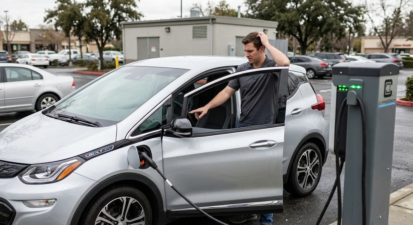 A driver checking a dark charging screen inside a compact EV at a public stall