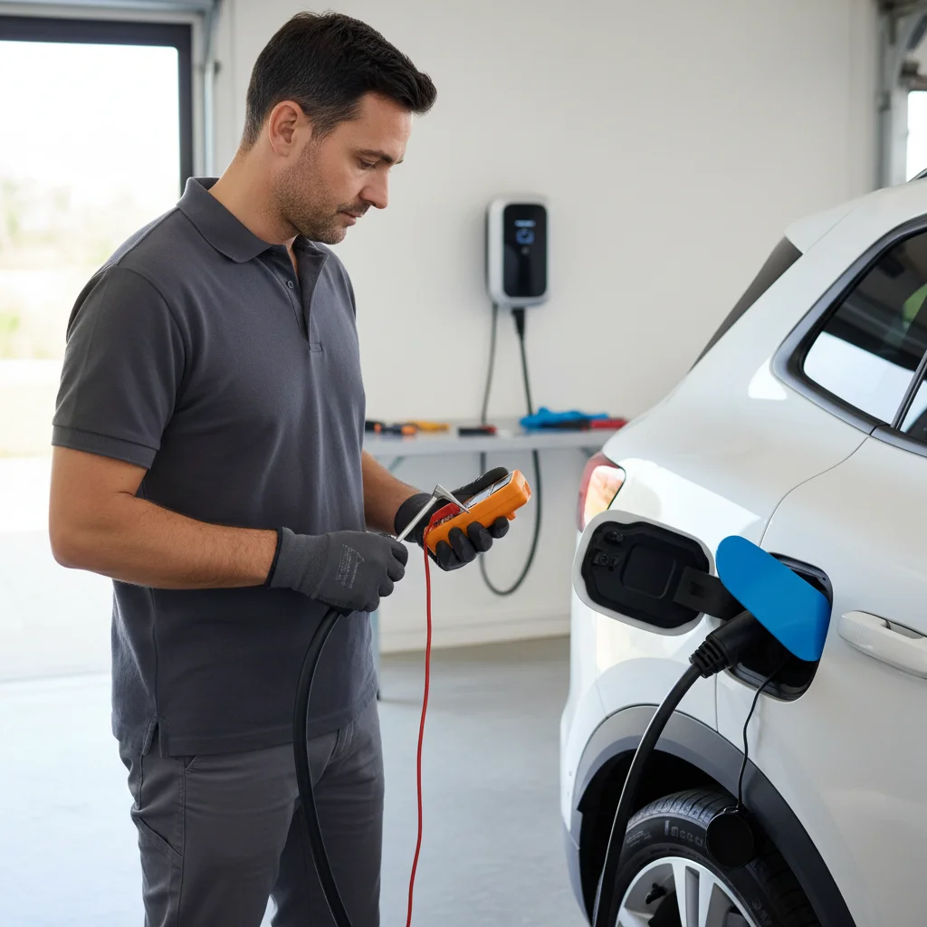 Close-up of an EV charge cable seated in a port with a warning on the dash