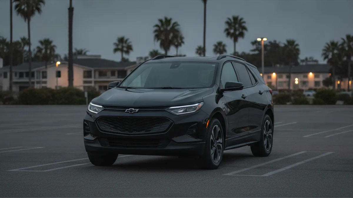 An unresponsive Chevy Equinox EV parked in a driveway at dusk with a dark dash