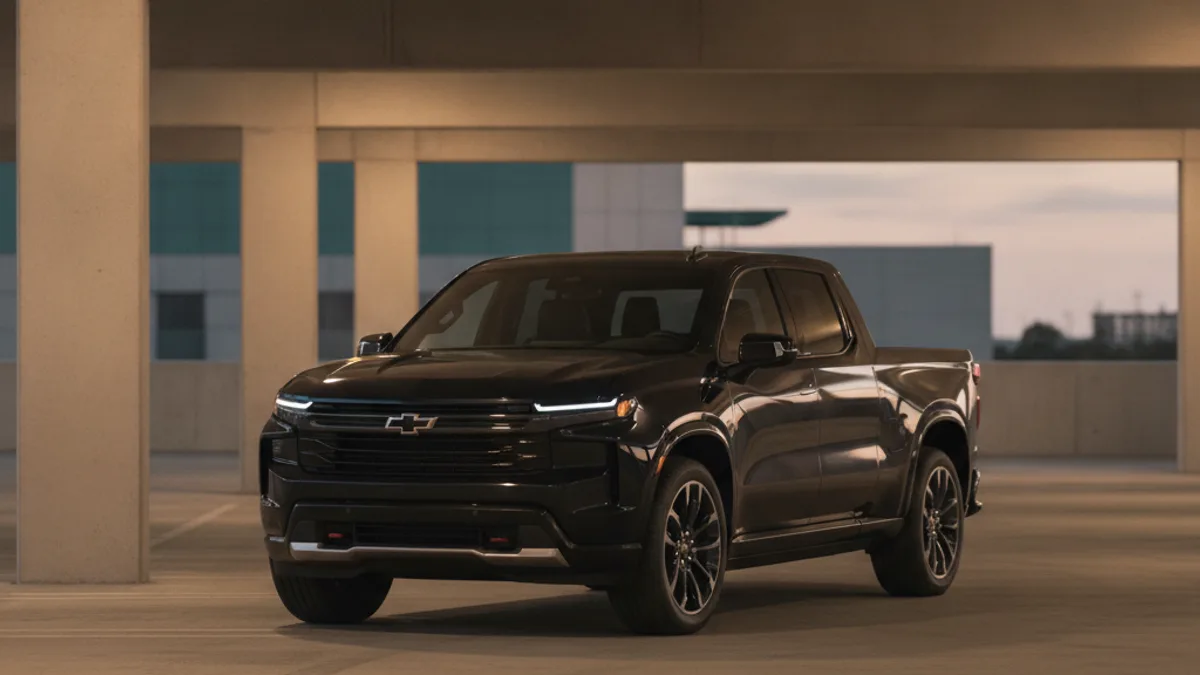 A pickup EV parked in an open lot with a dark cabin and no dash lights