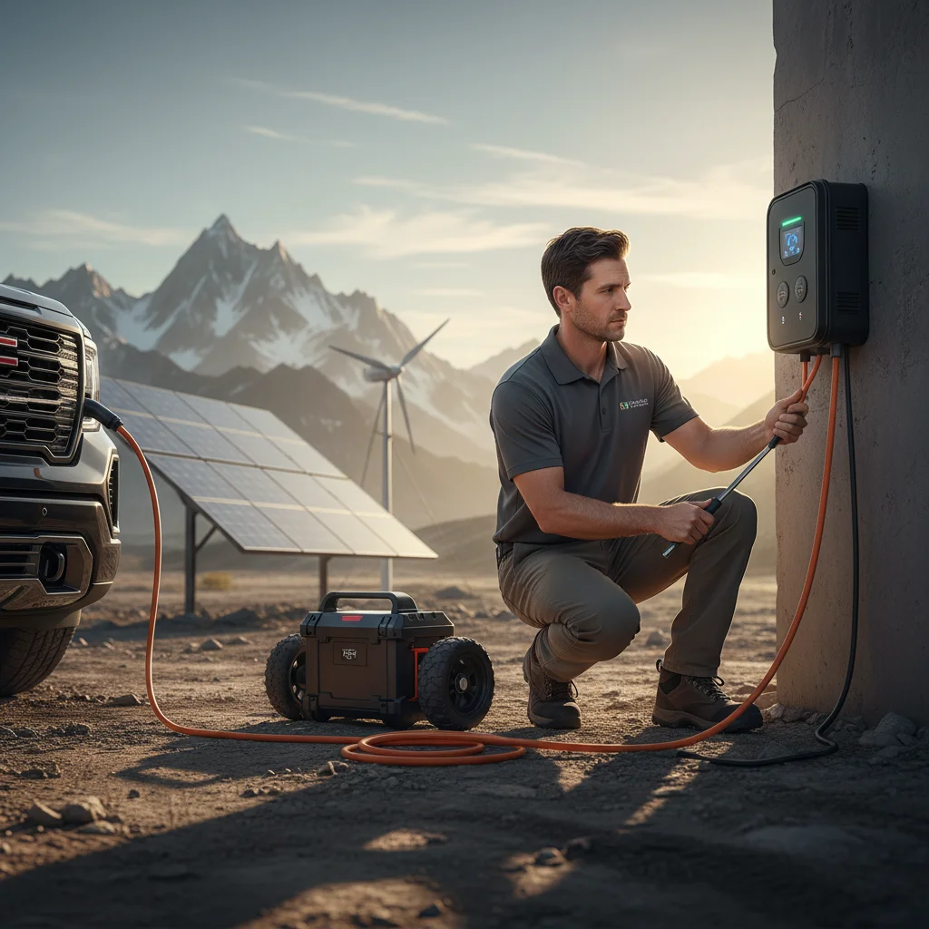 A technician plugging a portable charger into a stalled electric truck on the roadside