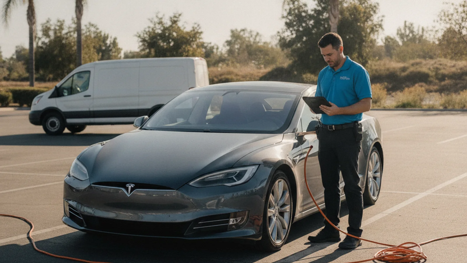 Tesla sedan parked on a paved shoulder with dark cabin screens