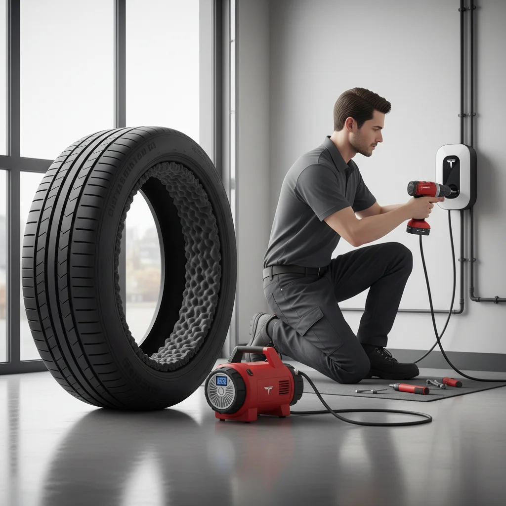 A close-up of a Tesla tire showing no run-flat sidewall reinforcement