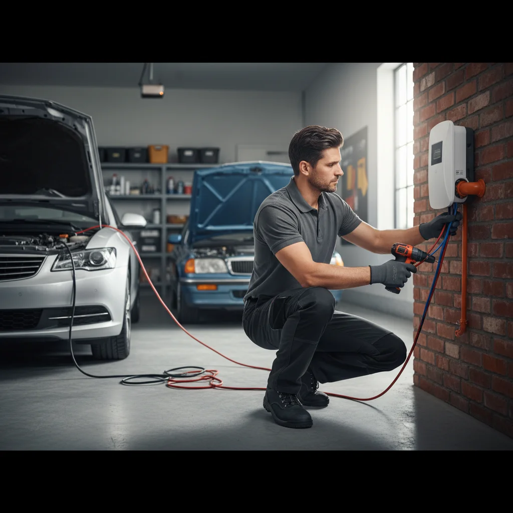 Jumper cables beside a parked electric car with a dark dashboard after a failed start.
