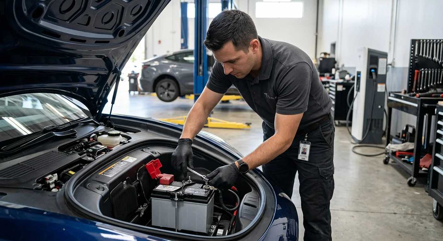 Gloved hands disconnecting terminals on a small 12-volt battery in an open EV front trunk