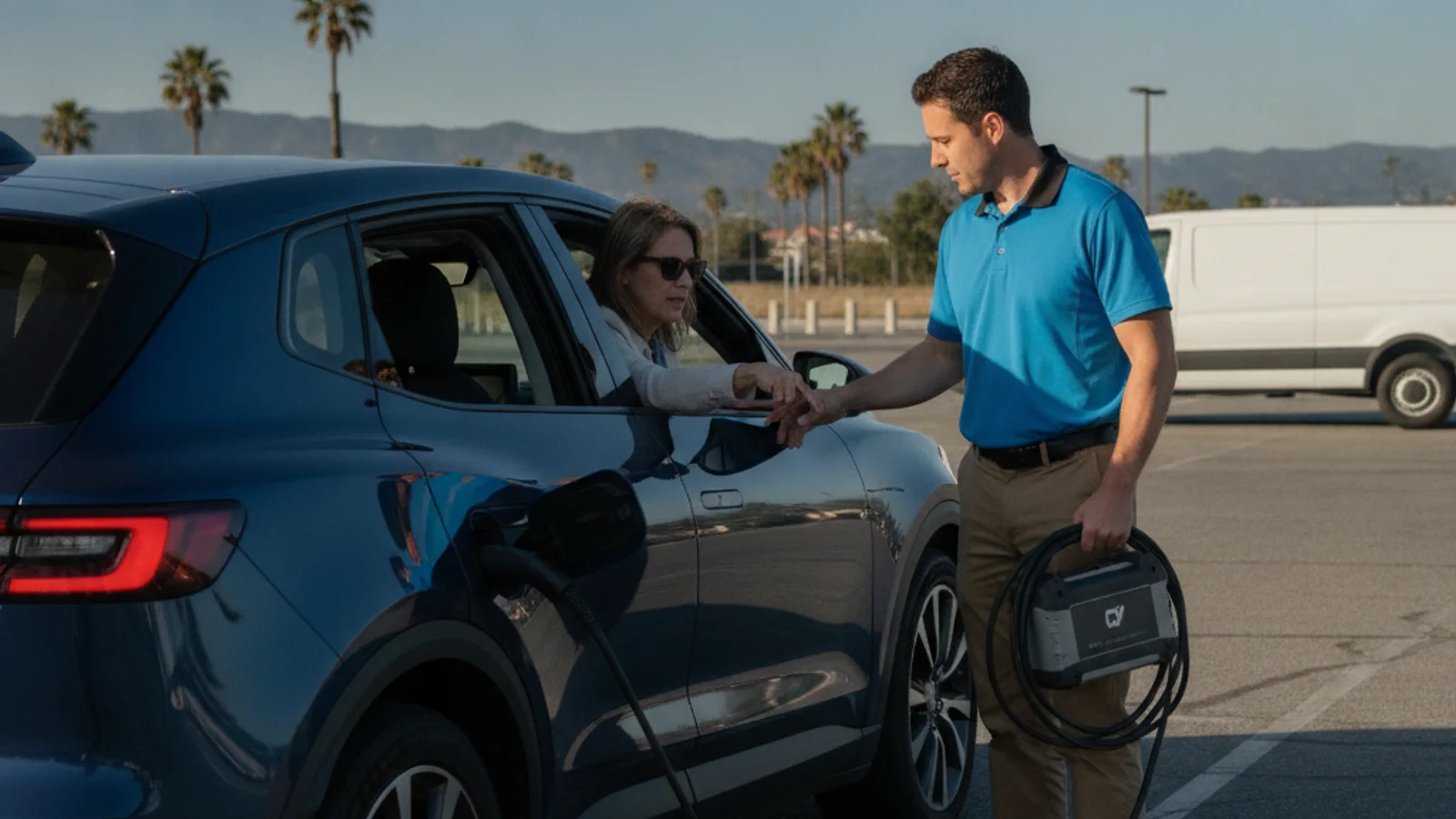 A parked electric car on a paved shoulder with its charge door open and a driver standing nearby