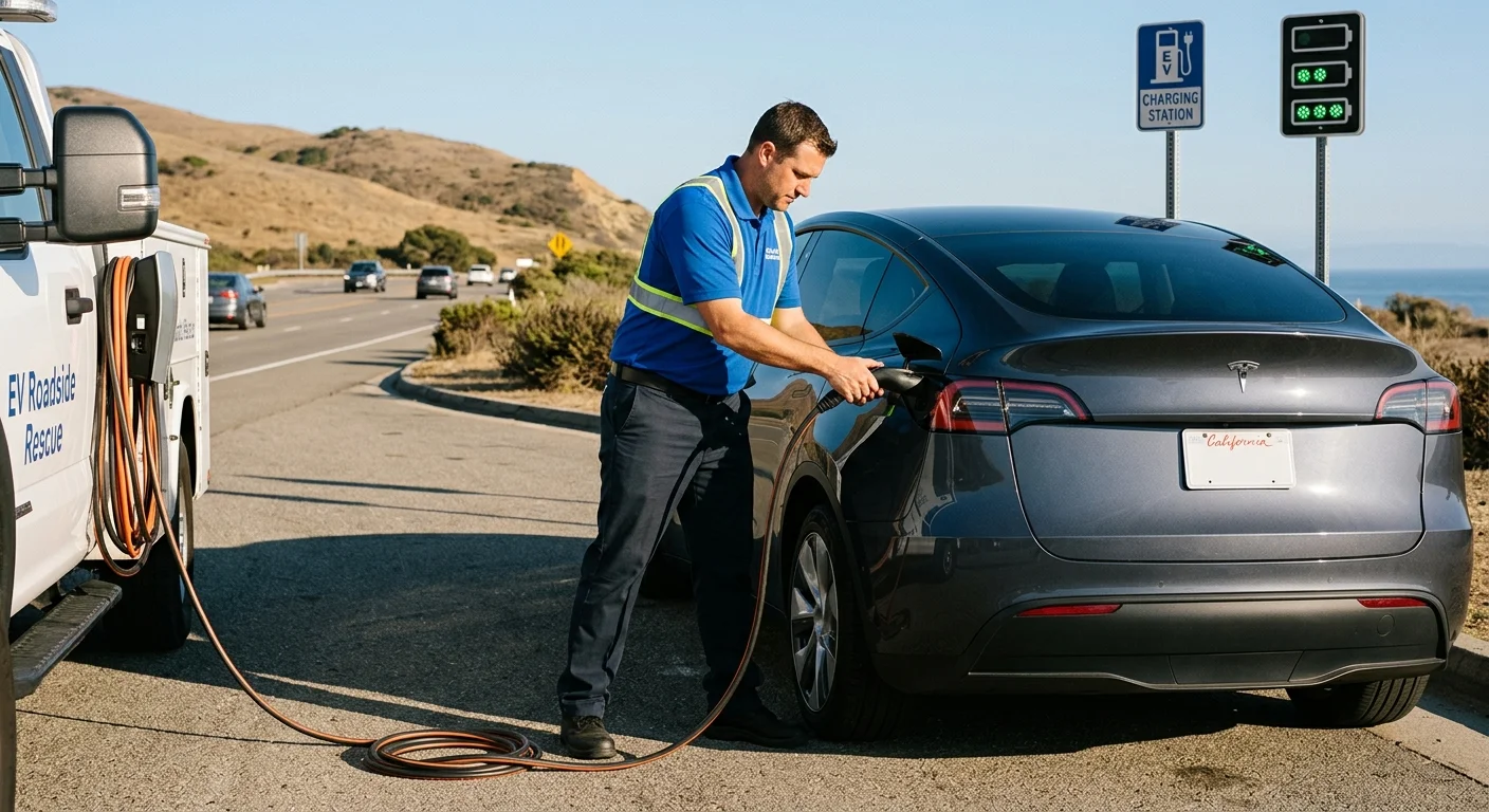 An electric car parked on a paved shoulder next to portable charging gear