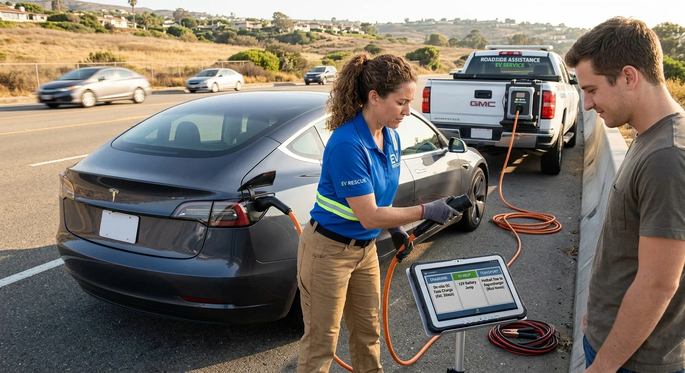 A stranded electric car parked on a shoulder while the driver checks dark dashboard screens