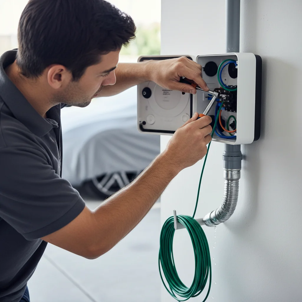 Jumper cables clipped near the front of an electric car during a roadside check