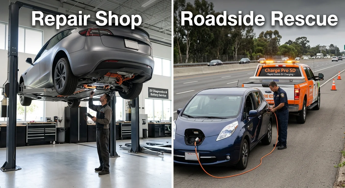 Split image of an EV on a shop lift and a rescue truck charging a stranded EV on the roadside