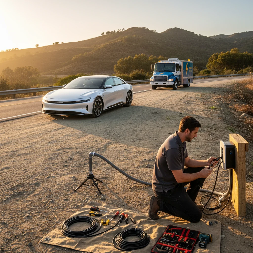 Electric car stopped on a freeway shoulder with hazard lights on and a driver waiting by the door
