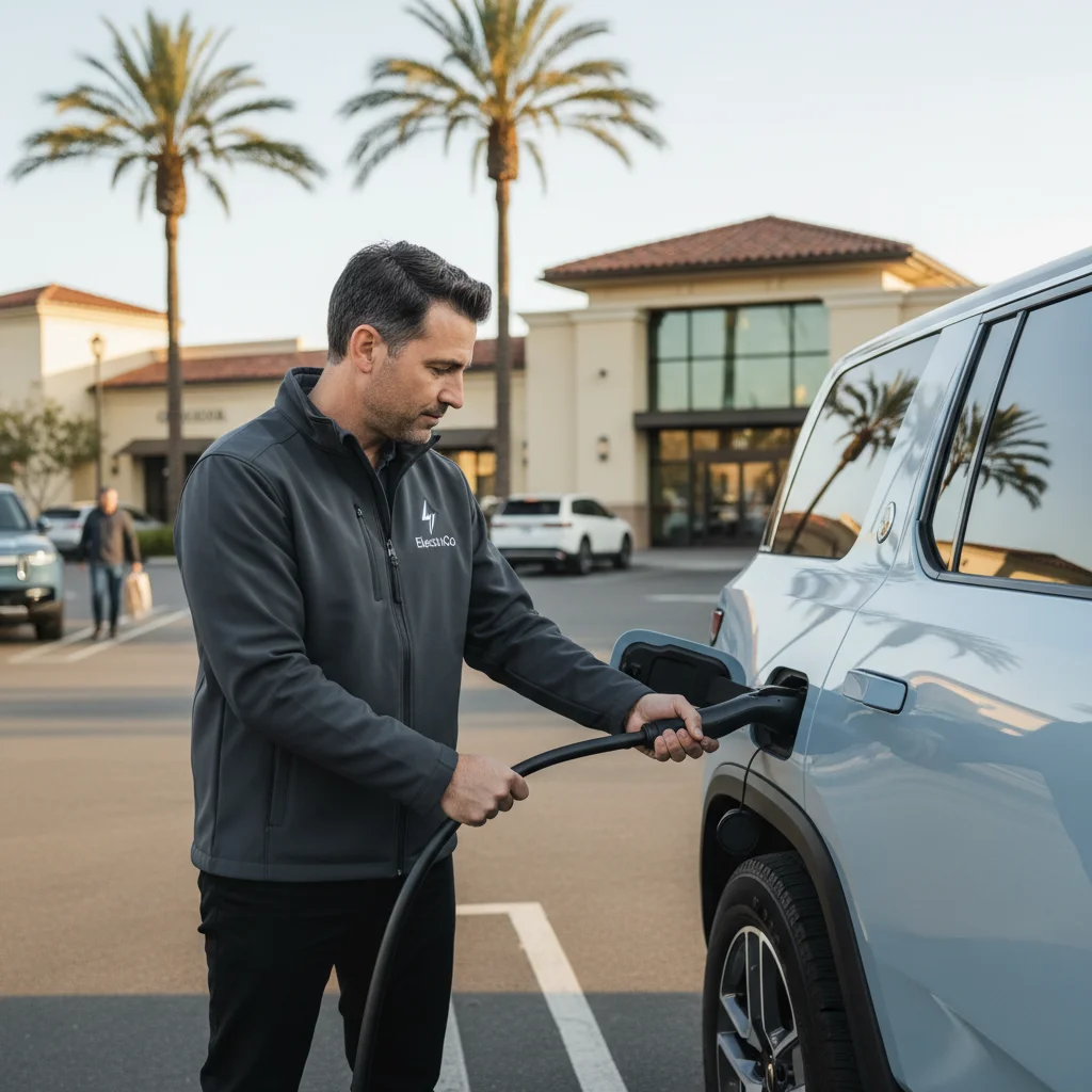 Technician plugging a mobile charger cable into an electric SUV parked at the curb