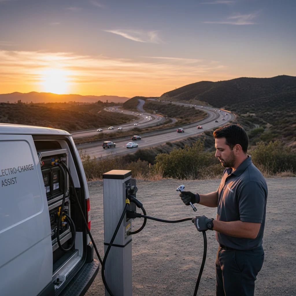 Electric car stopped on a freeway shoulder as a mobile charging truck approaches from behind