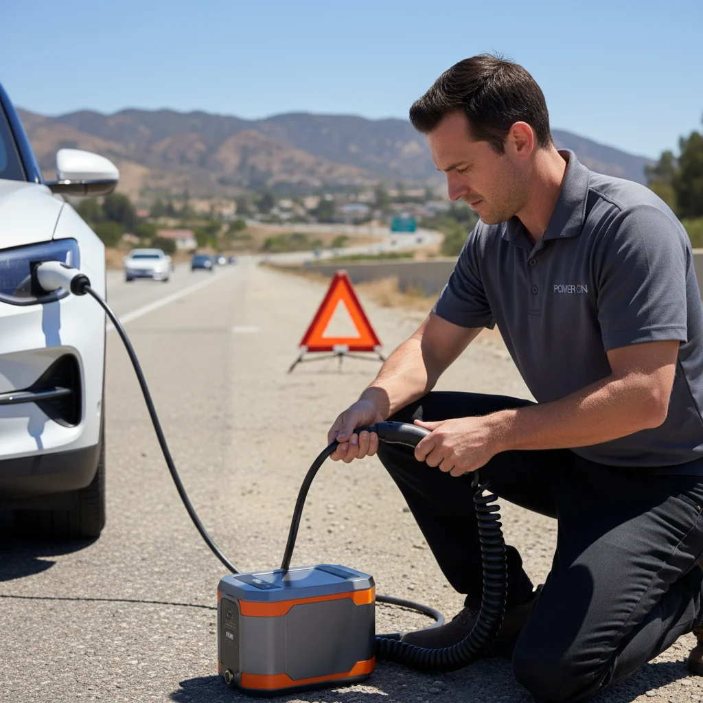 Technician connecting a portable charger cable to an EV on a paved street