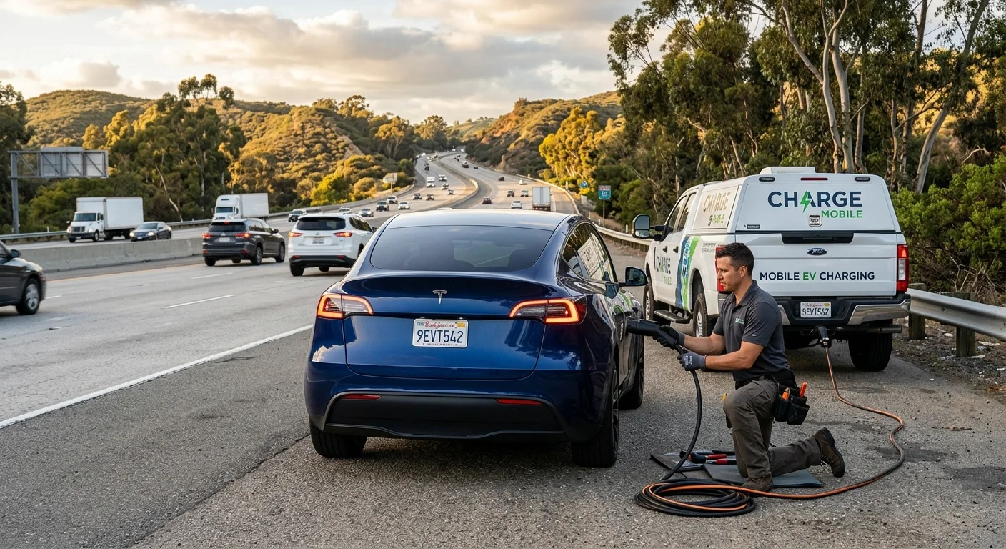 An electric SUV stopped on a freeway shoulder with hazard lights on