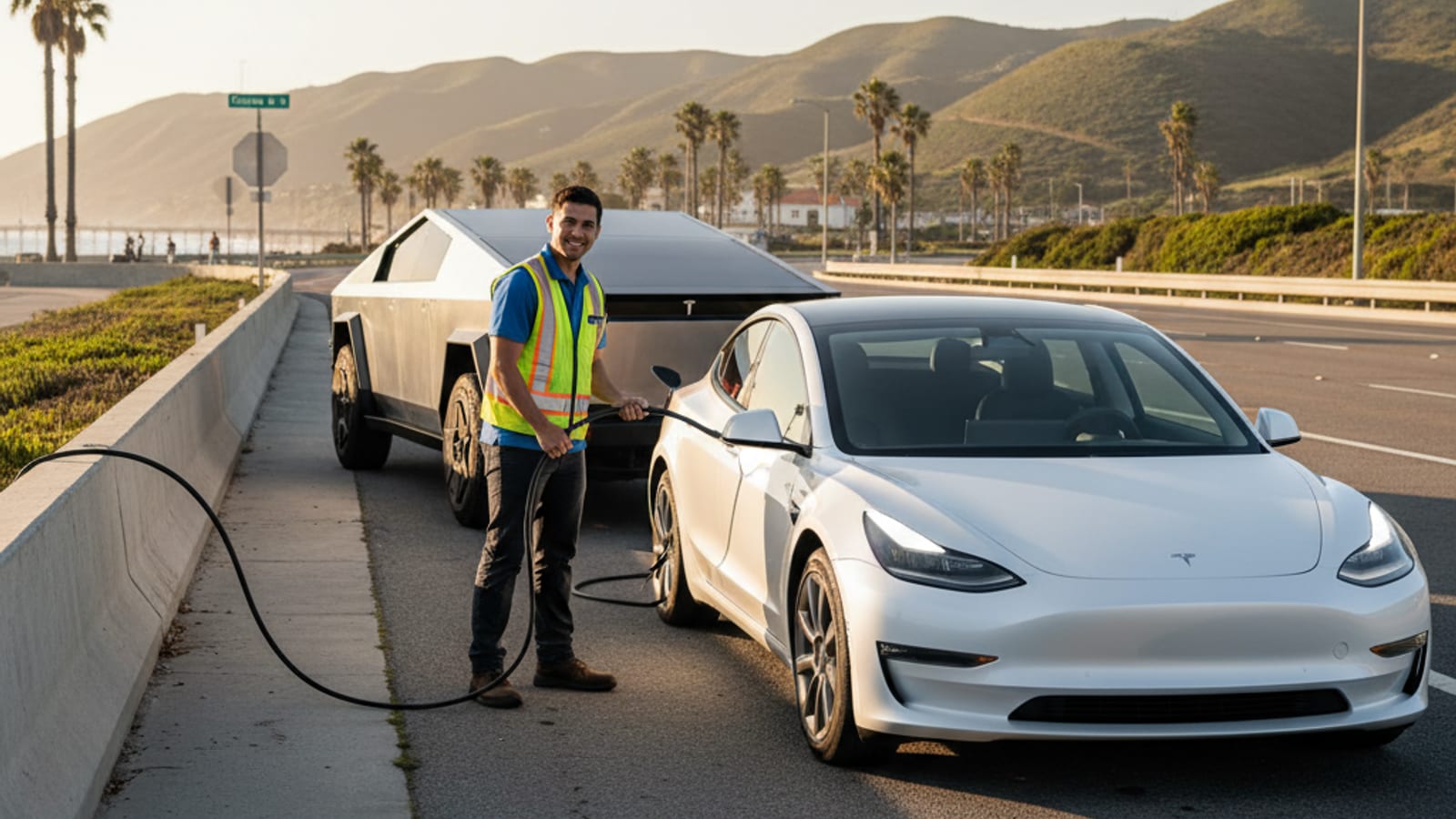 Electric car stopped on a paved shoulder beside a mobile charging truck