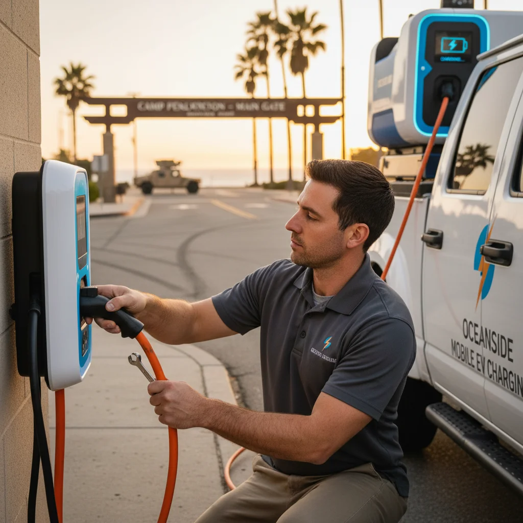 Charging cable plugged into an EV port during a roadside stop