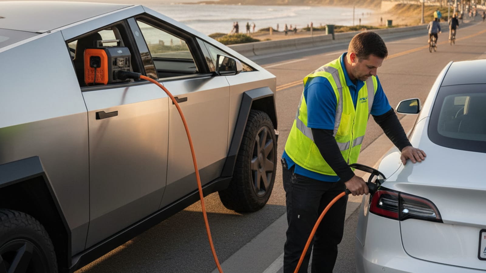 Electric car stopped on a paved shoulder with its lights on at dusk