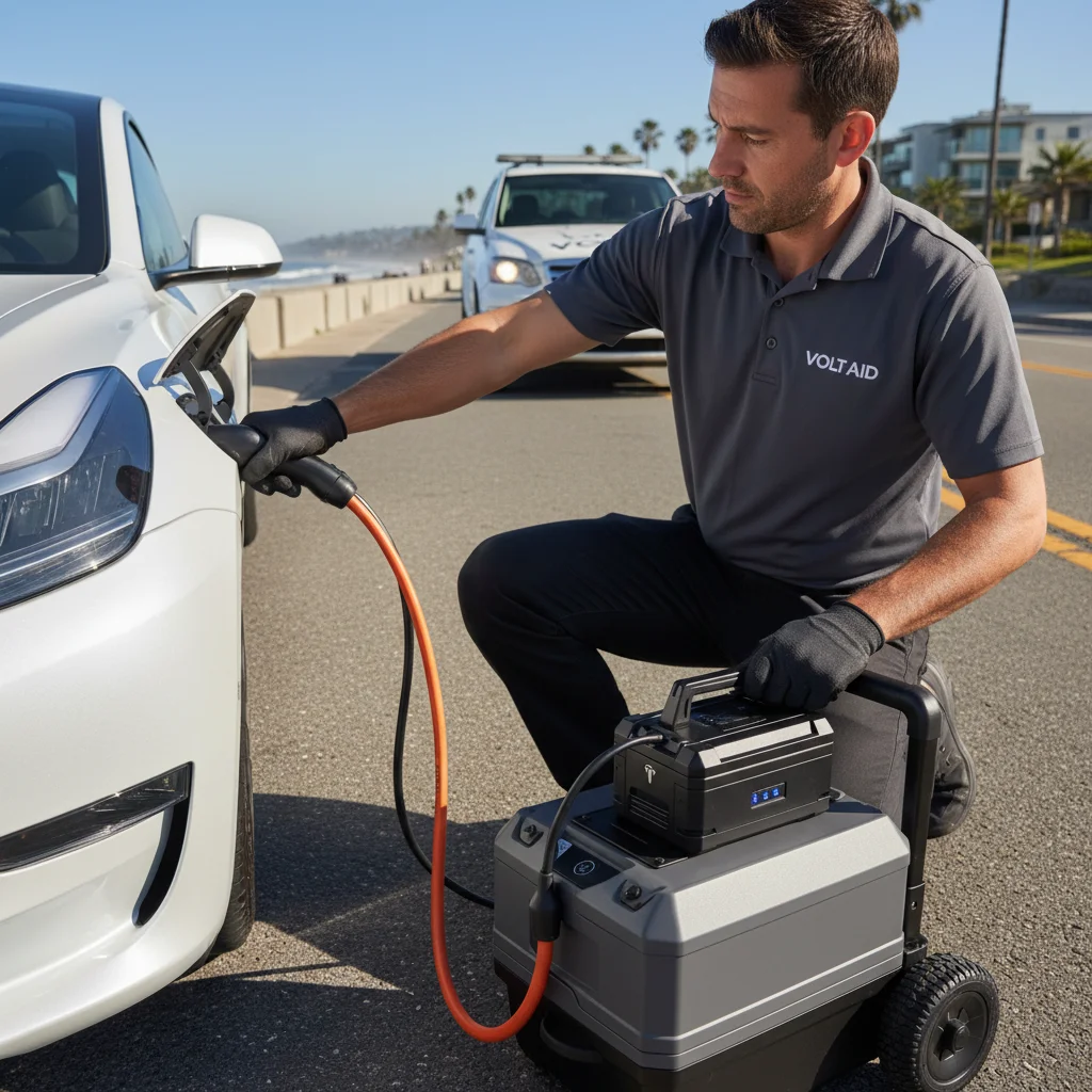 Pickup parked behind a stalled electric car on a paved roadside