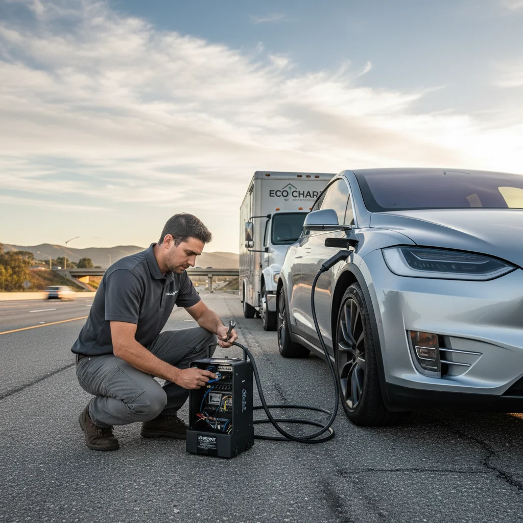 An electric SUV stopped on a highway shoulder while a driver stands beside the vehicle