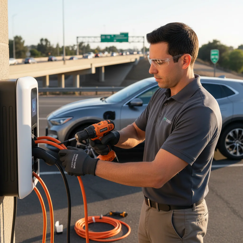 A technician connecting a portable charger cable to an EV on the roadside