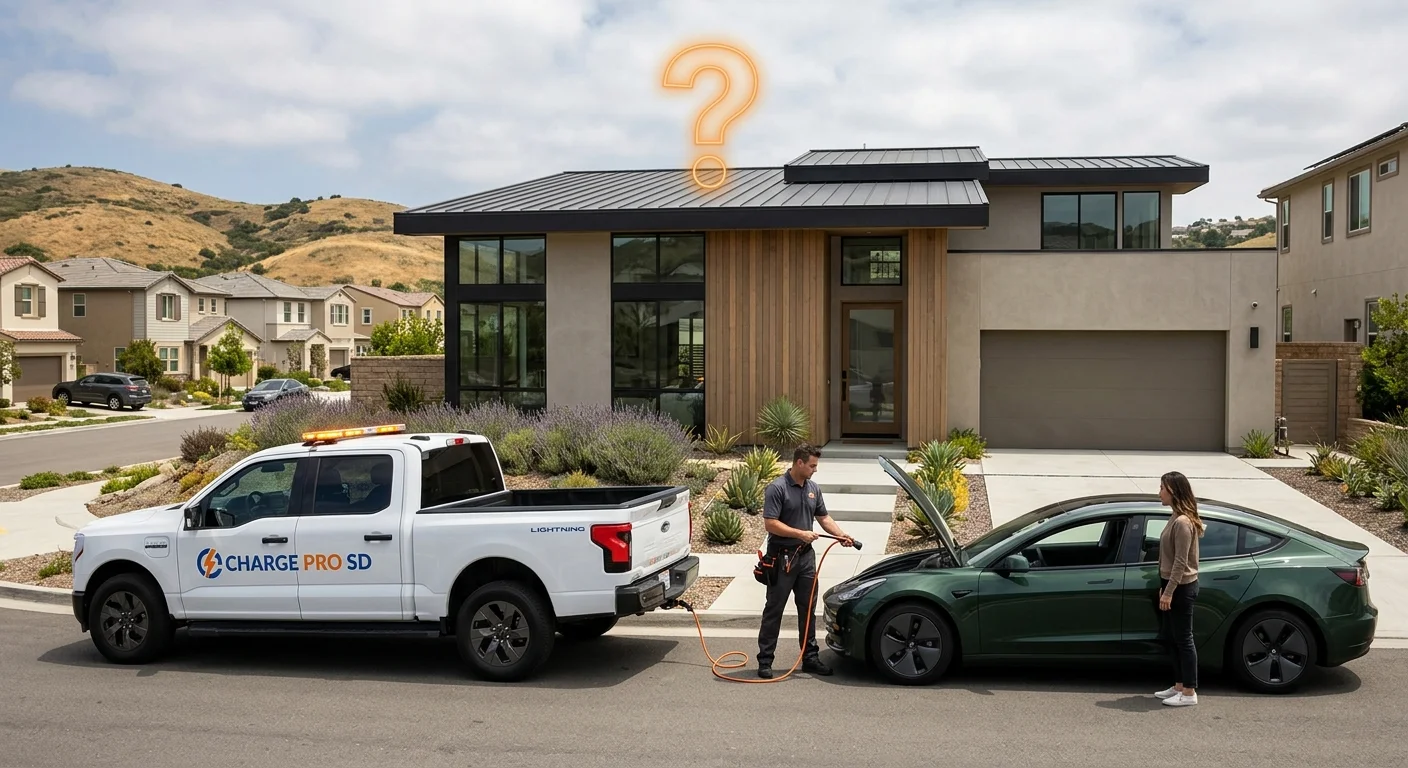 A technician kneeling beside a parked electric car, connecting a portable charging cable on a paved lot