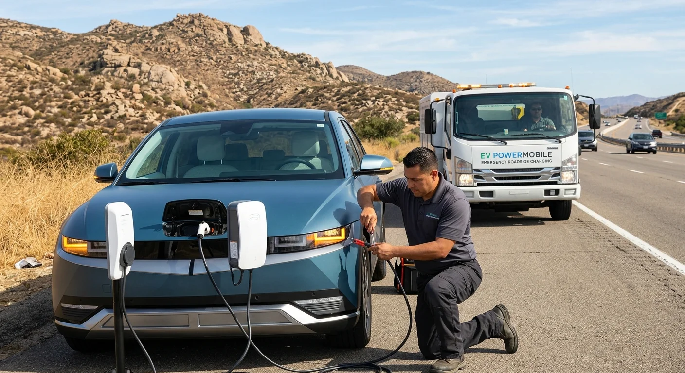A technician kneels beside a white electric SUV on a paved shoulder and connects a charging cable, with a service truck parked behind the car.