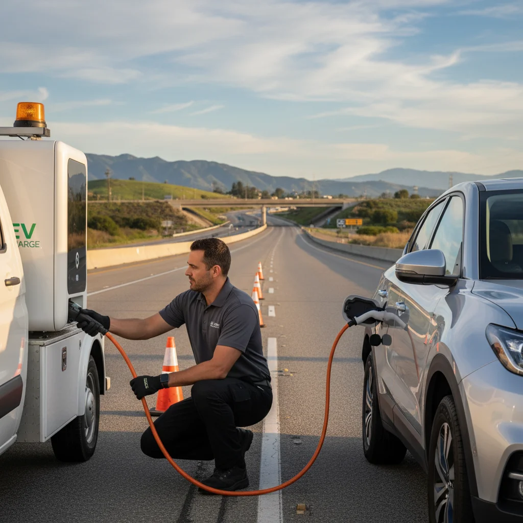 An electric vehicle stopped on a highway shoulder with its hazard lights on
