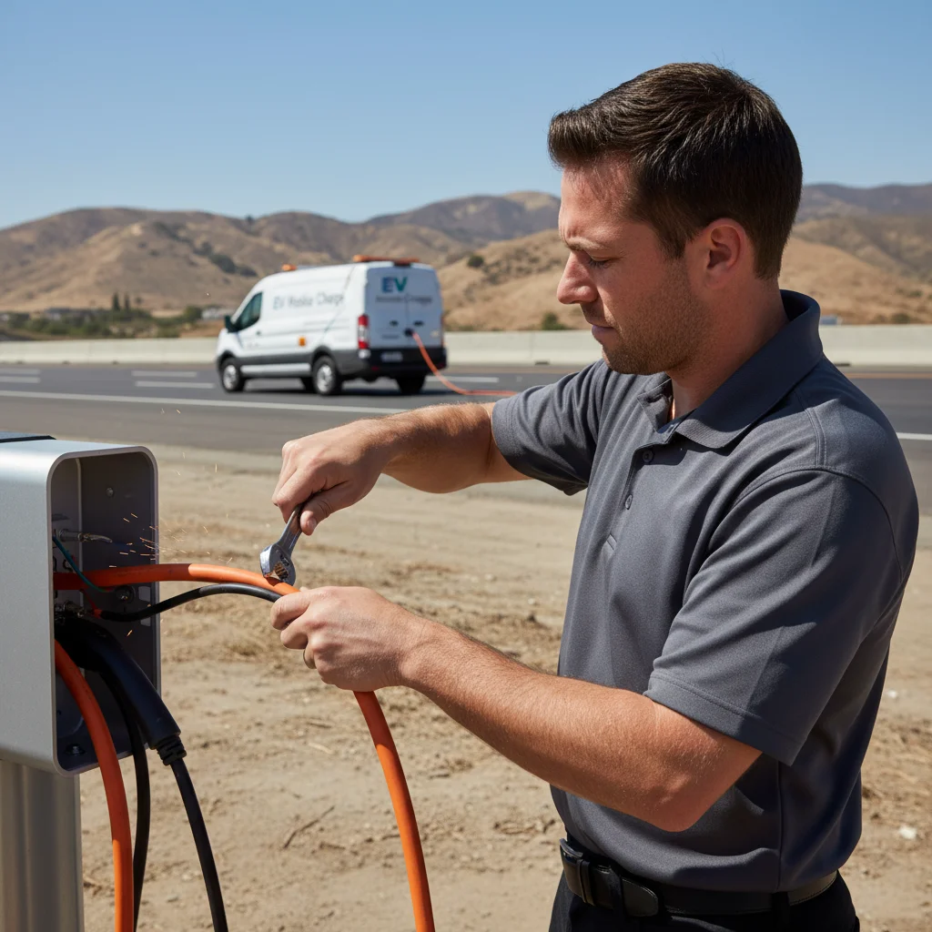 A technician connecting a charging cable to a parked electric SUV on the roadside