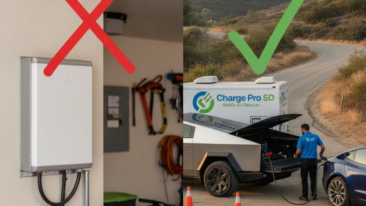 Split scene of a wall-mounted home battery marked with a red X beside a mobile charging truck helping a stranded EV, marked with a green check