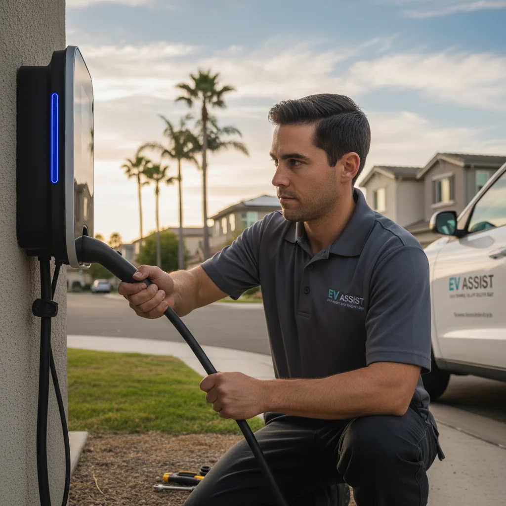 Technician connecting a charging cable to a parked electric car