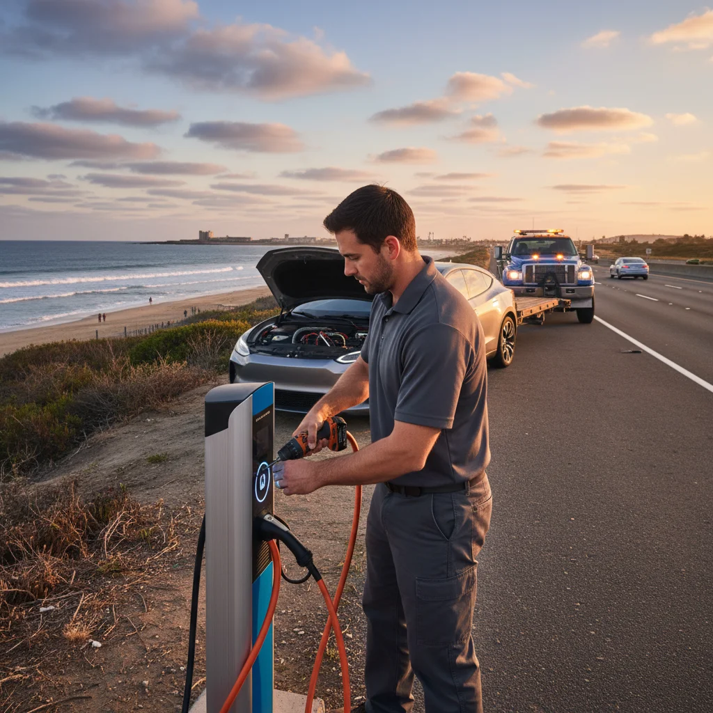 An electric car stopped on a paved shoulder while a mobile charging van approaches from behind