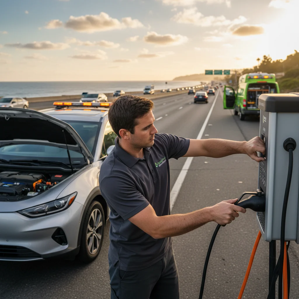 A person connecting a charging cable to an electric car at the edge of a paved lot