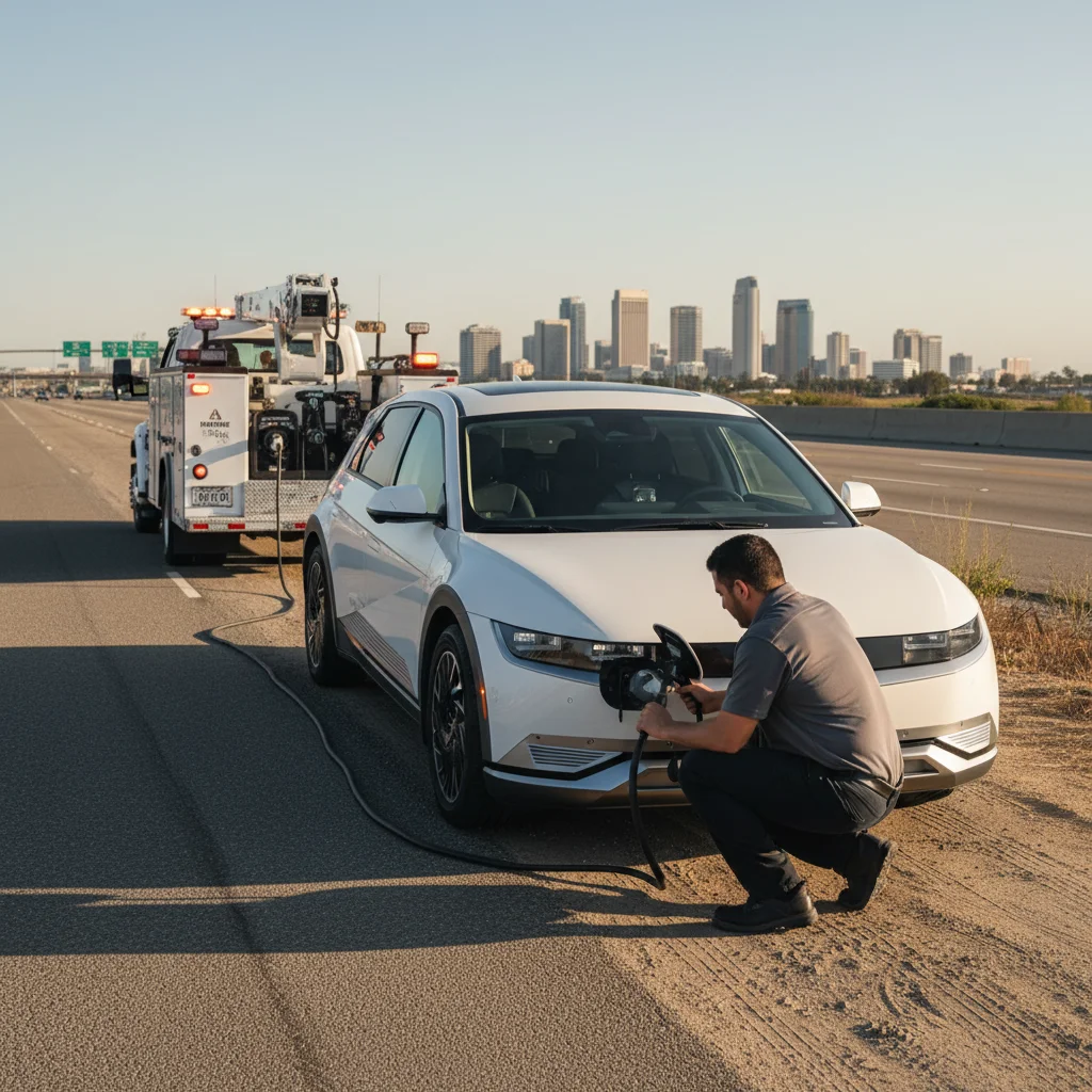 An electric car stopped on a highway shoulder with its hazard lights on