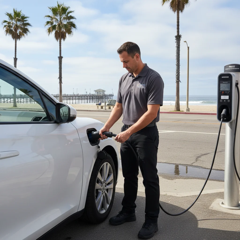 A person connecting a mobile charger cable to an EV on a paved shoulder