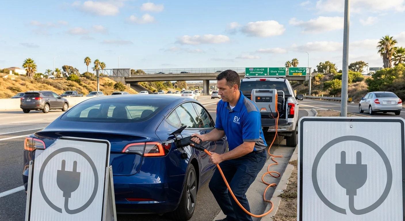 An electric car at a charging stall with a cable in the port and empty pavement around it