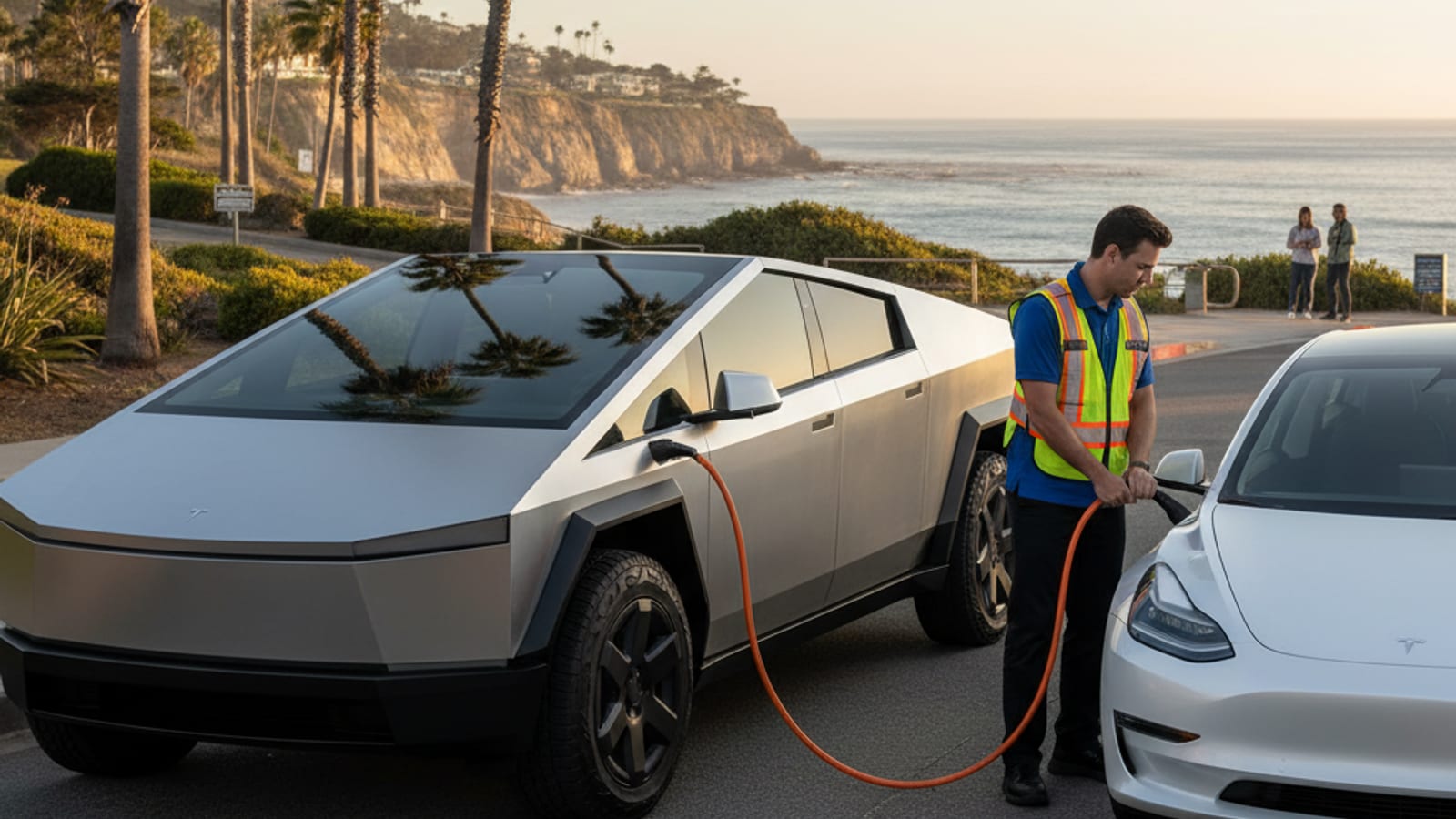 An electric car stopped on a paved roadside shoulder with its charge port door open