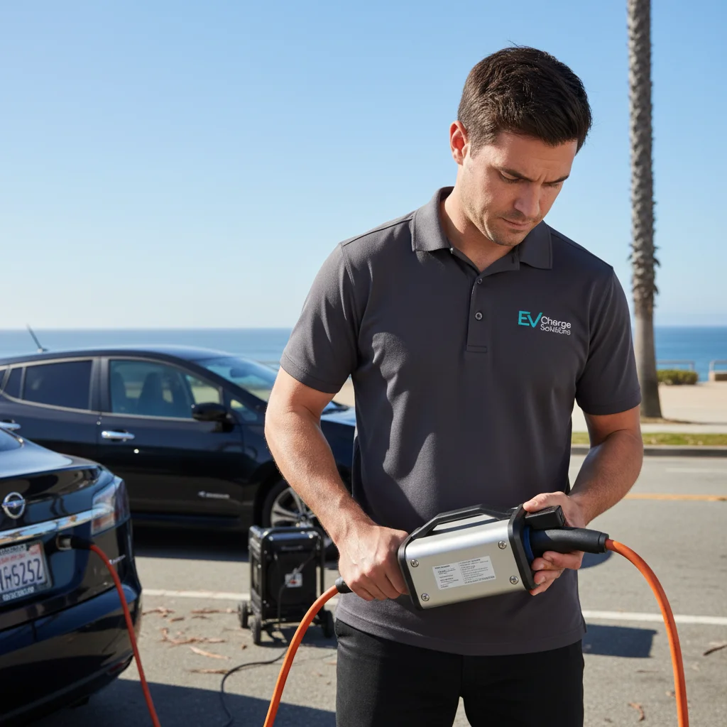 A charging cable connected to an EV port beside a parked service van
