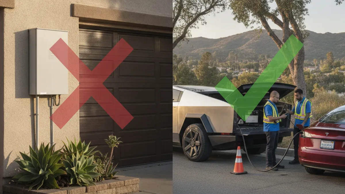 Wall-mounted home battery with an X on the left, and a mobile charging truck at a dark EV on the right