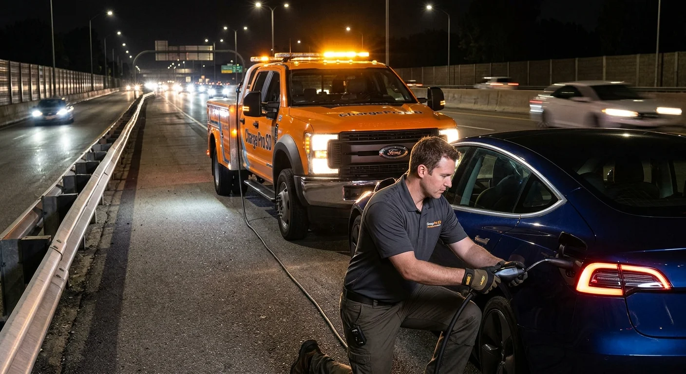 A stalled electric car on a dark highway shoulder at night as a rescue truck's lights pull up behind it